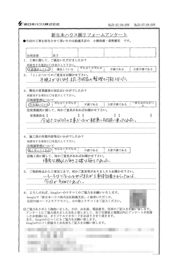   千葉県鎌ケ谷市で台所改修･床下工事をされたO様の声